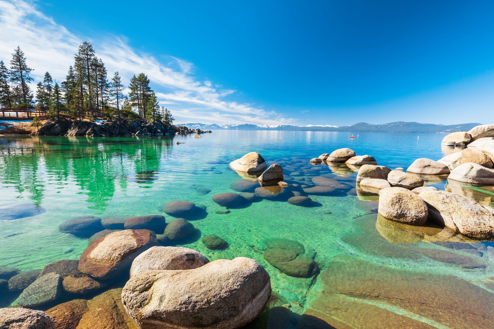 Wide view of a lake with rocks and trees, best boating lakes concept.