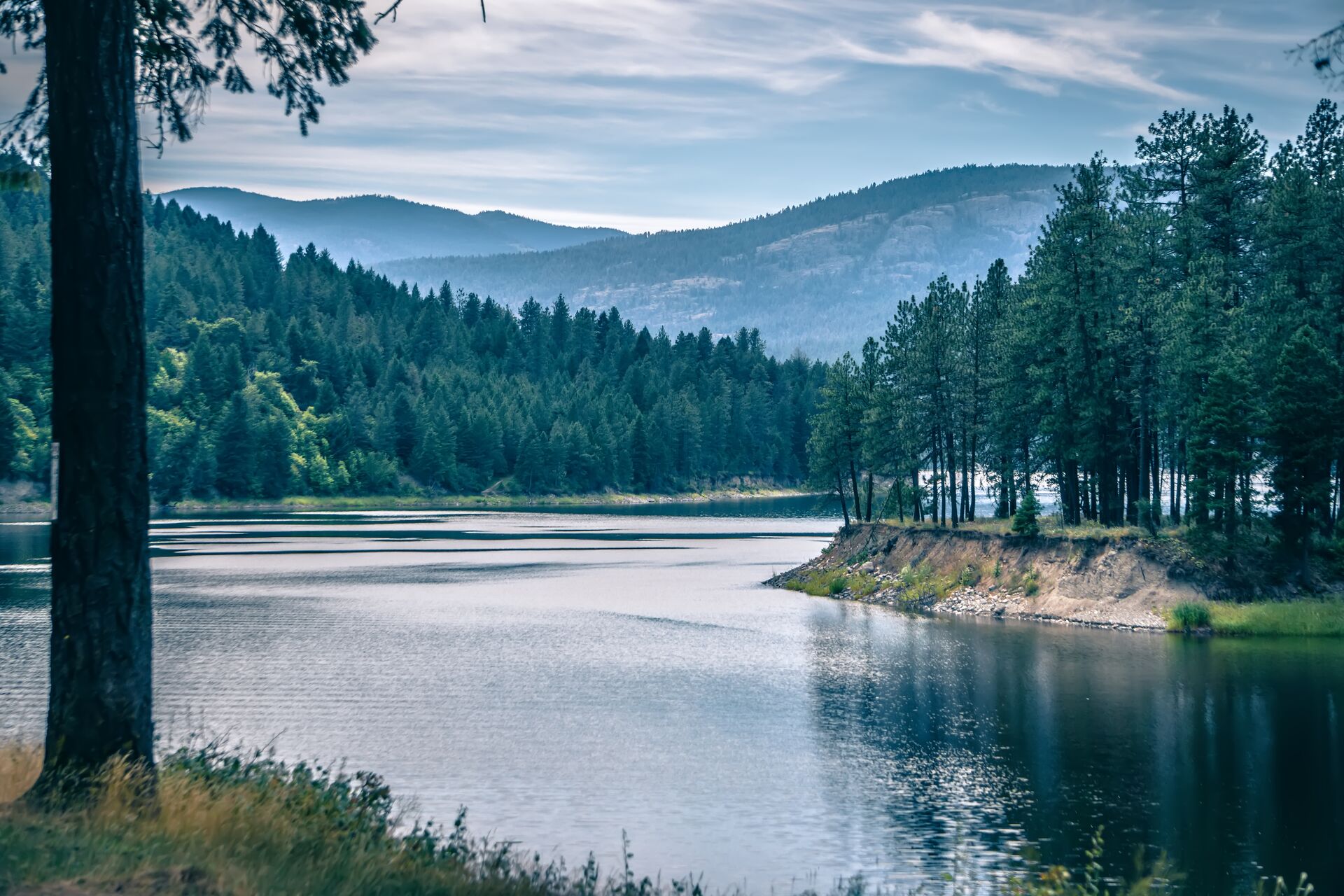 Quiet lake surrounded by trees, best boating lakes in Washington State concept.