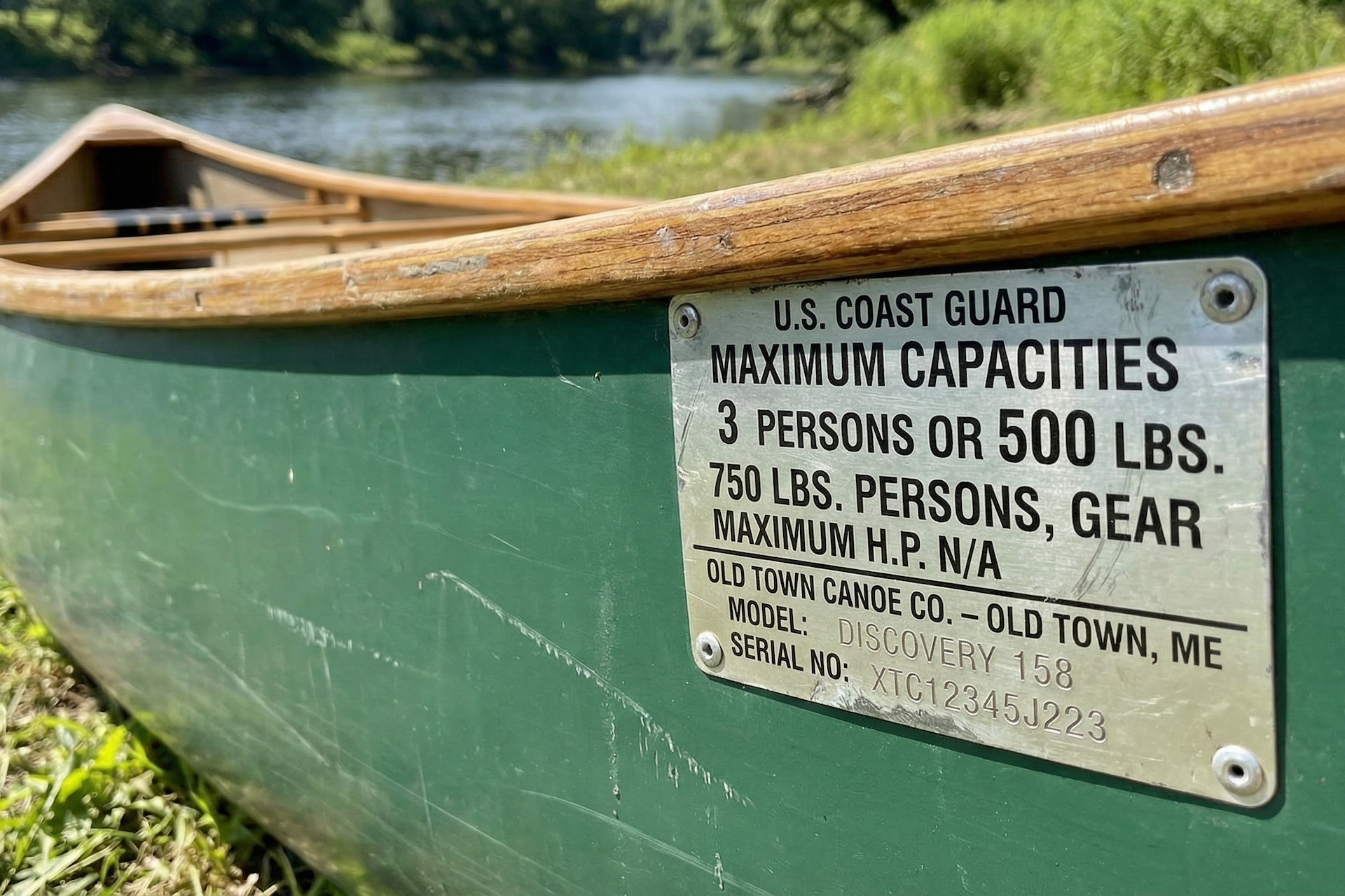 Close-up of a boat capacity plate. 