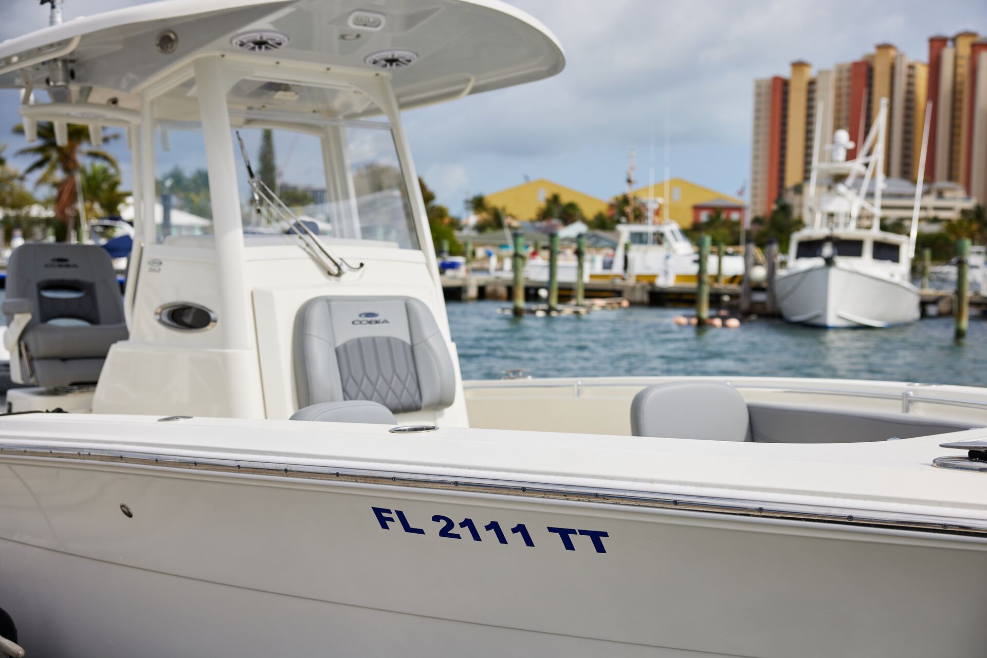 A registration number on the side of a boat. 