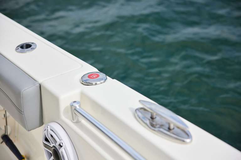 Close-up of the side of a boat, where to put fuel. 