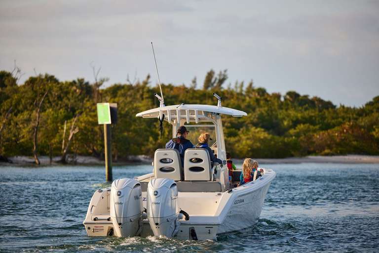 The back of a boat as it drives away on the water, boat ventilation system concept.