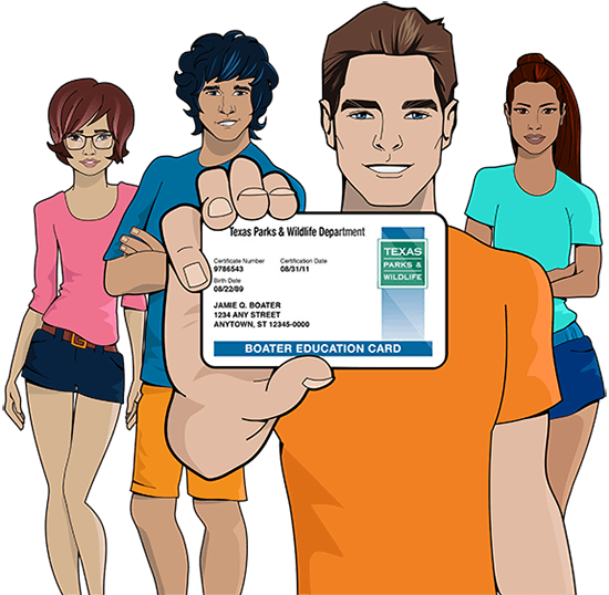 An illustration of ilearntoboat game characters with a boater education card.