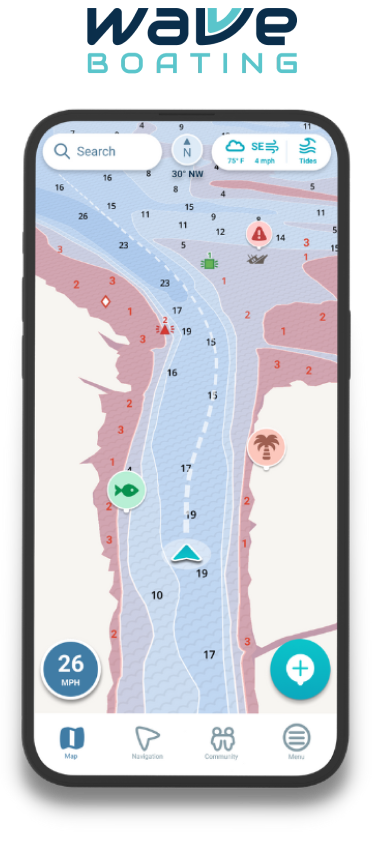 Wavve logo above illustration of the boating app on a phone screen.