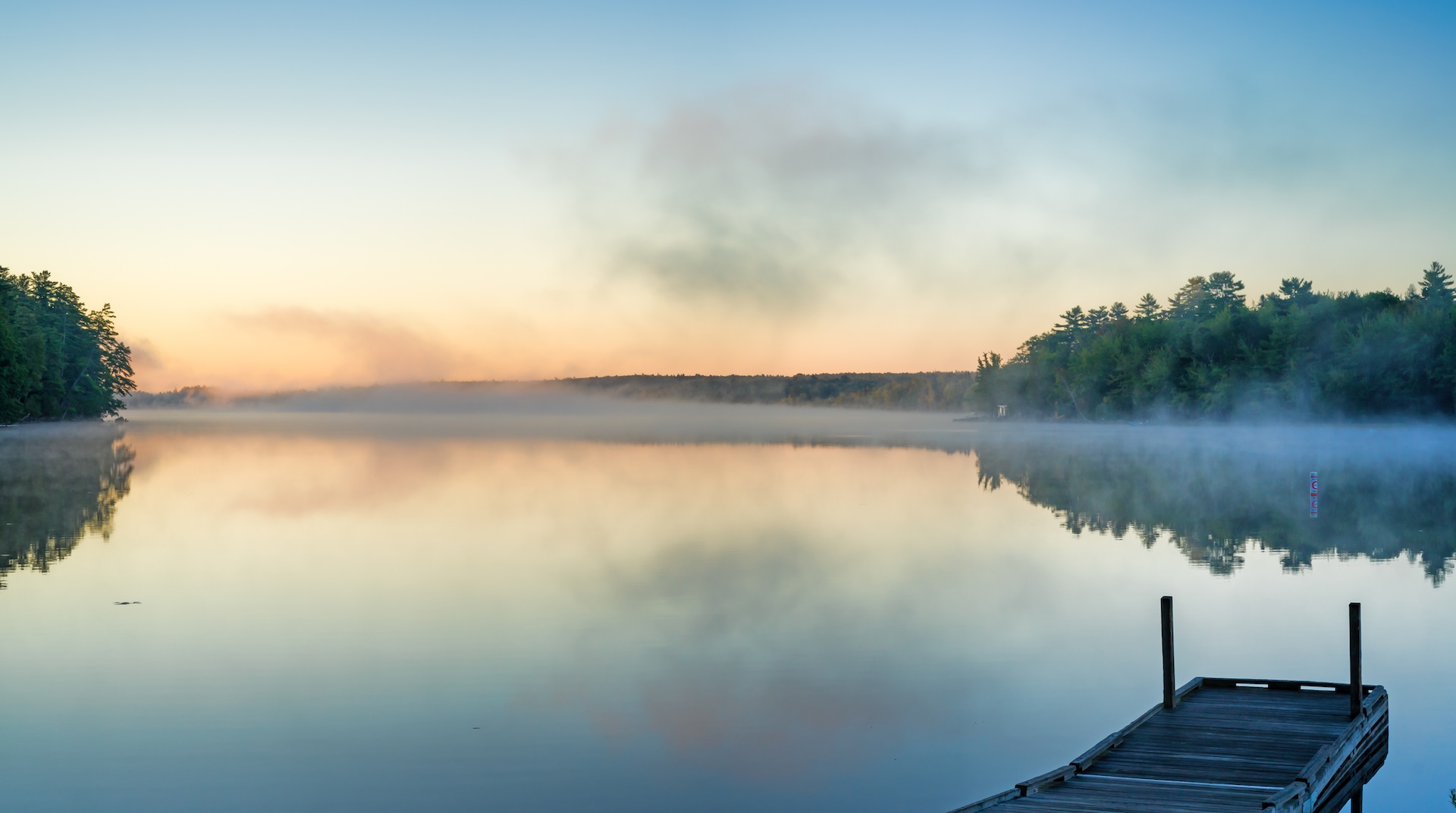 Dock on a misty lake surrounded by trees. 