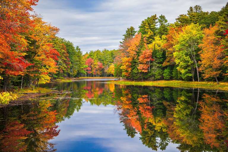 River winding through trees with changing leaves, Umbagog National Wildlife Refuge concept.