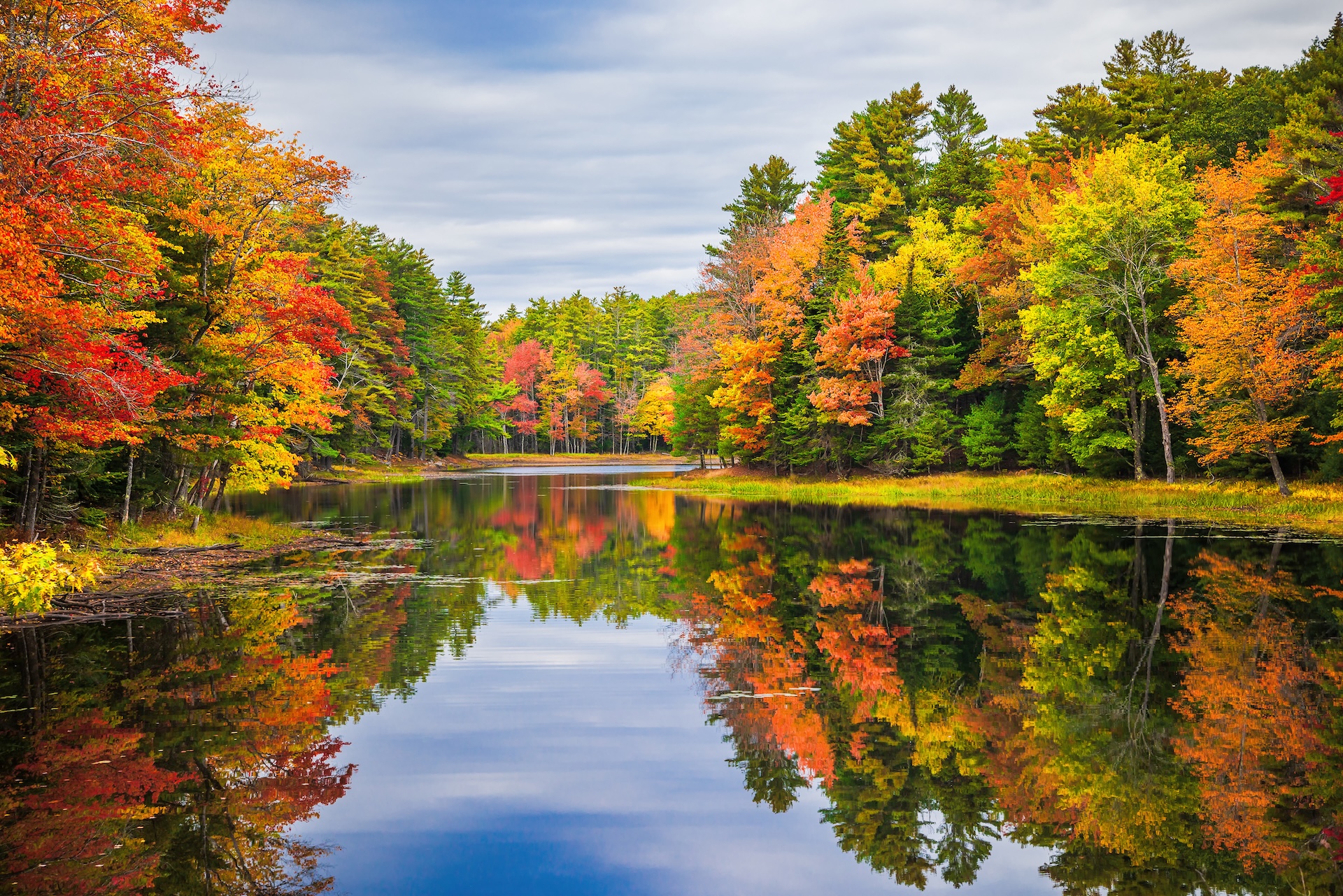 River winding through trees with changing leaves, Umbagog National Wildlife Refuge concept.