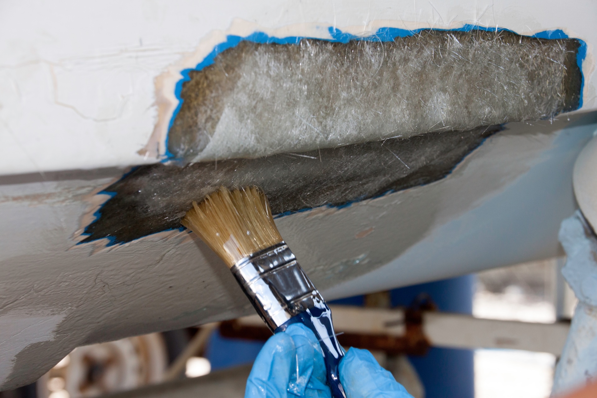 Close-up of boat hull repair. 