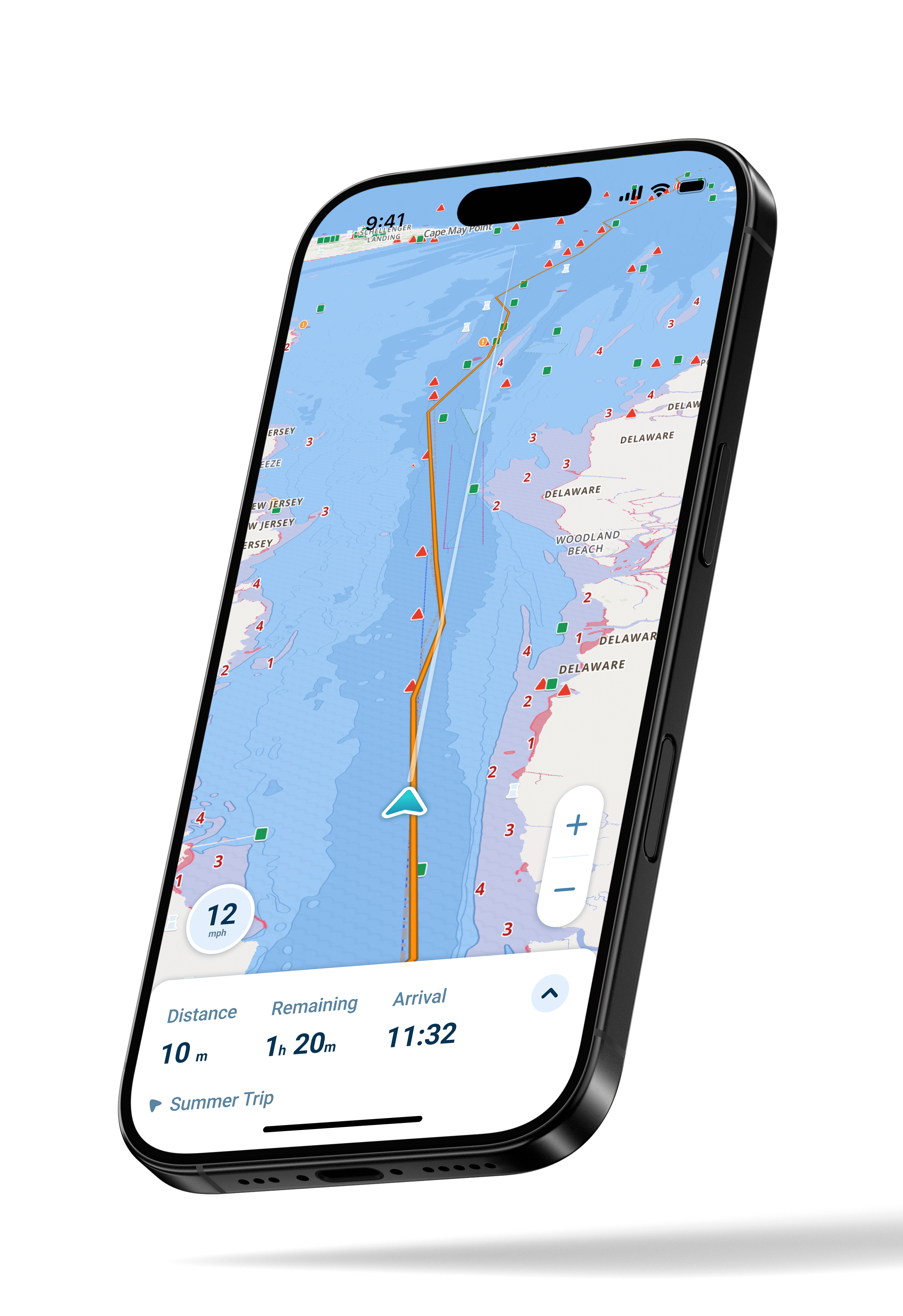 Illustration of the Wavve boating app route feature on a phone screen, boat GPS concept. 