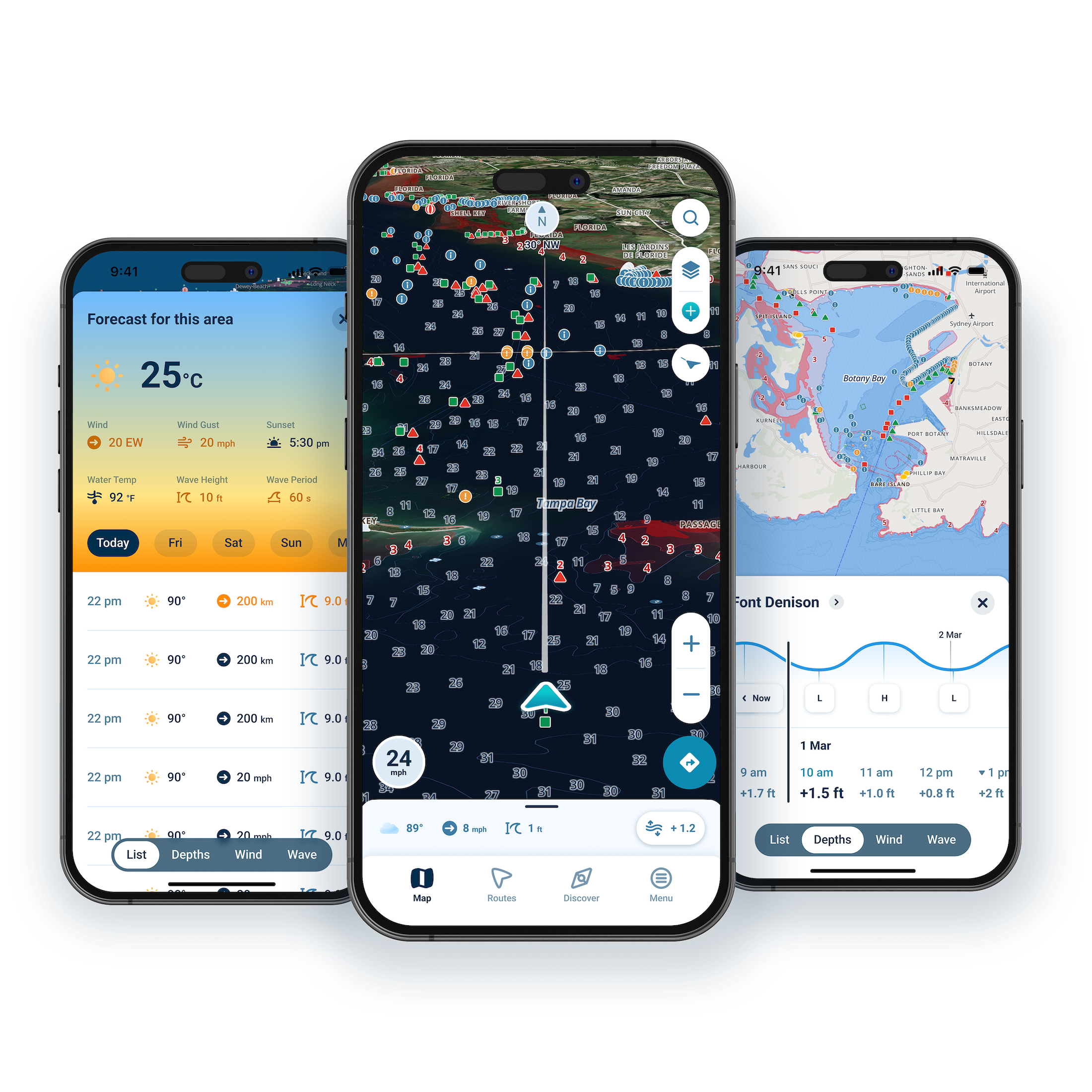 Three phone screen showing the Wavve boating app, boat GPS concept. 