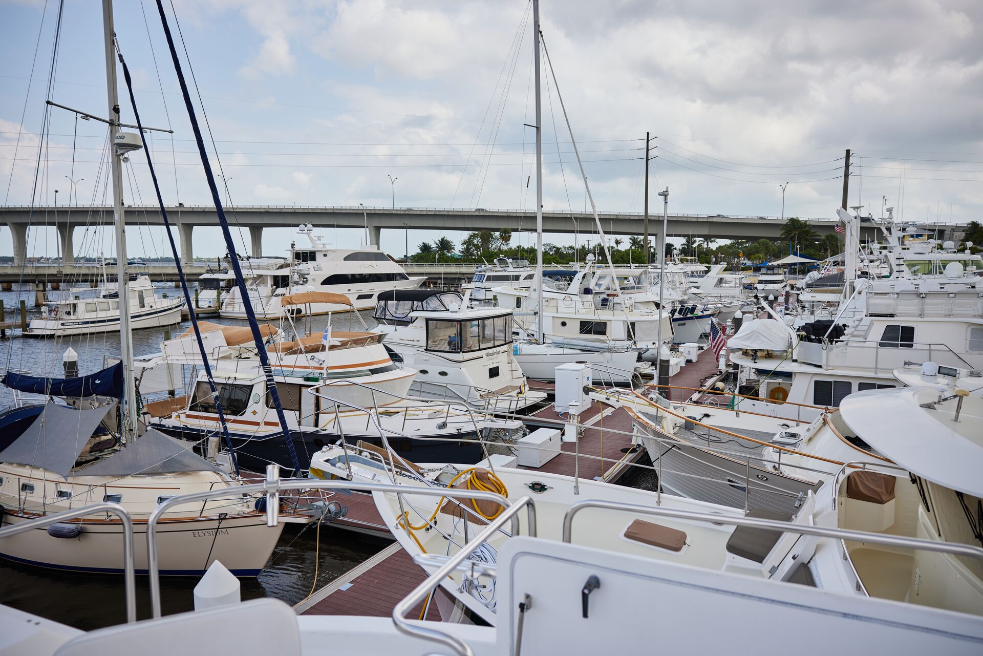 Boats docked at a marina. 