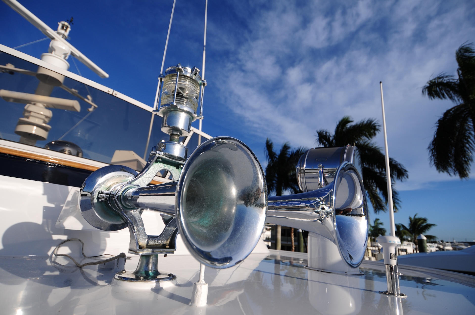 Close-up of two horns on a boat, sound signals boating concept. 