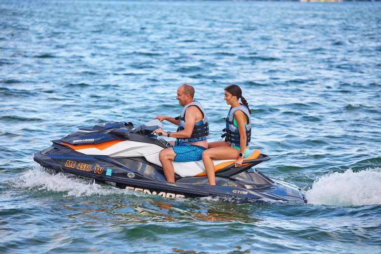 Man and girl ride PWC, how to get a jet ski license concept. 